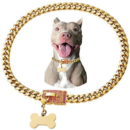 Collar De Perro De Acero Inoxidable Dorado Eslabones Cu...