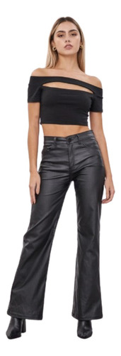 Pantalon De Mujer Wide Leg Engomado Negro-tiro Alto