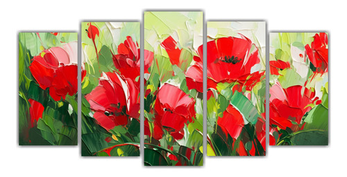 250x125cm Cuadro Floral En Lienzo Verde Y Rojo Bastidor Made