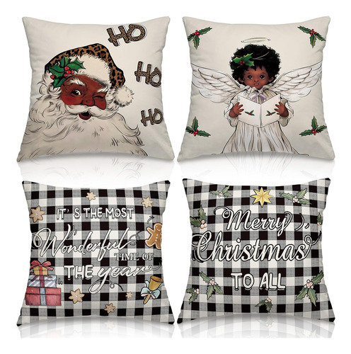 4 Piezas Fundas De Almohada De Papá Noel Negro De Navi...