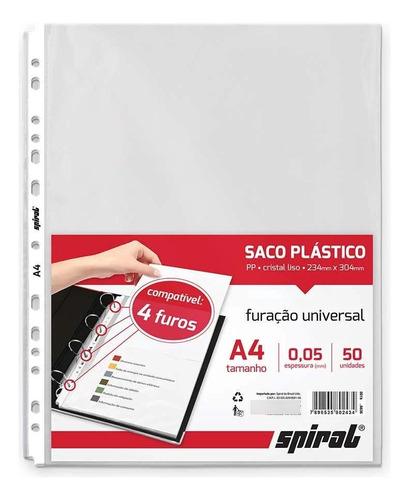 Saco Plástico Pp A4 Furação Universal 0,05mm Spiral 50 Un