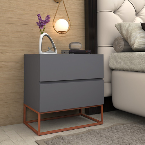Conjunto De 2 Mesa Cabeceira Eros 45cm Pé Industrial Cobre Acabamento Fosco Cor Cinza/cobre