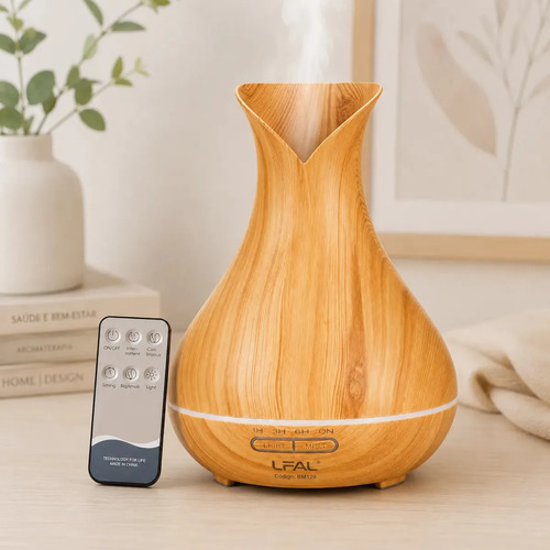 Difusor de Aromas Umidificador De Ar Elétrico Aromatizador Ambiente Vaporizador Ultrassônico Óleo Essencia 400ml Bivolt com Controle Remoto Yoga Meditação Respiração Aromaterapia Led Marca LFAL