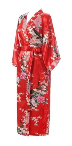 Kimonos Bata Mujer De Seda Oriental Flores Y Pavo Real