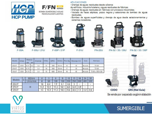 Bomba Sumergible Aguas Servidas Hcp F-21uf 1hp Desc. 2 PuLG.