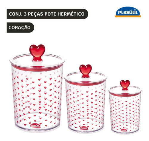Conj 3 Pcs Porta Mantimentos Pote Hermético Coração Plasútil