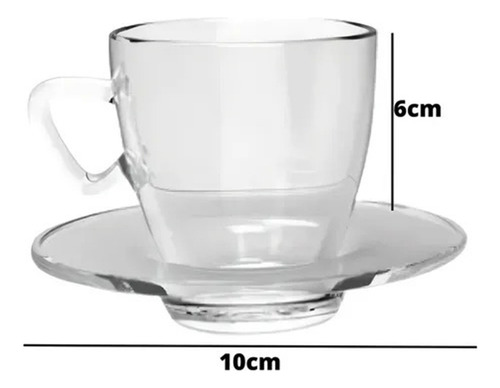 Jogo 6 Xícara Café Chá Com Pires Vidro Transparente 90ml