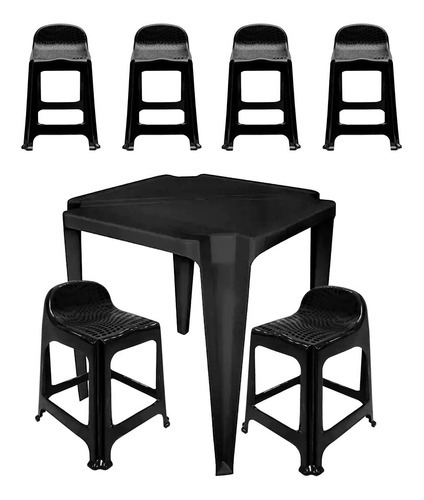 Mesa Plástica Monobloco + 6 Banqueta C/encosto P/lanchonete Cor Preto