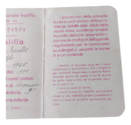 Italia 1934 Carnet Miembro De La Onb Opera Nazionale Balilla