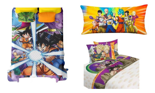 Pack Dragon Ball Súper Colcha Sábana Almohada Matrimonial Naranja Dragon Ball Súper