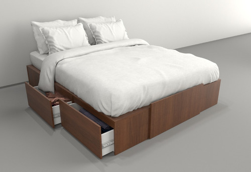 Cama Box Sommier 2 Plazas Con Cajones Y Bauleras - Premium Color Caoba