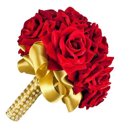 Buquê De Noiva Vermelho Com Pérolas Dourado Casamento