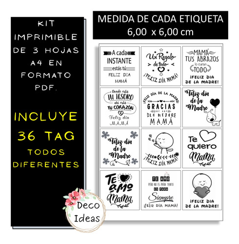Imagen 2 de 4 de Kit Imprimible 01 Blanco Negro Dia De La Madre Tags Stikers