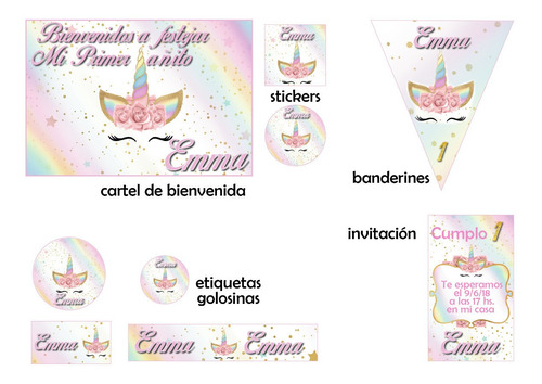 Combo Cumpleaños Unicornio  Impreso Y Personalizado