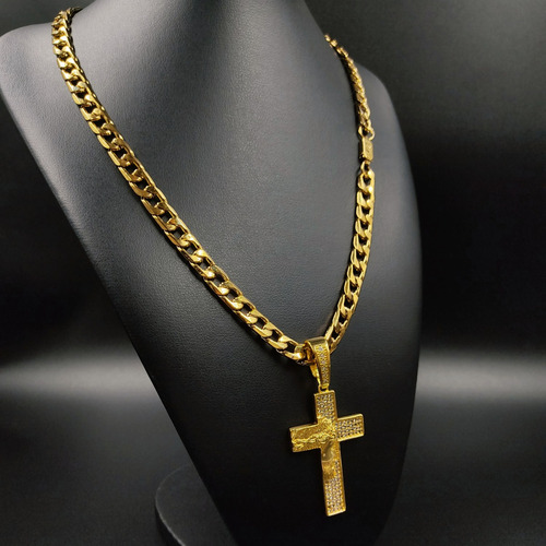 Corrente 100% Tungstênio Masculina Cruz Crucifixo Jesus Cor Dourado