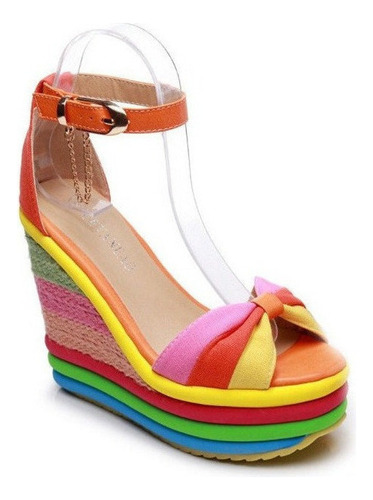 Sandalias Cuñas Altas Multicolor Patchwork Peep Toe Tacón Al