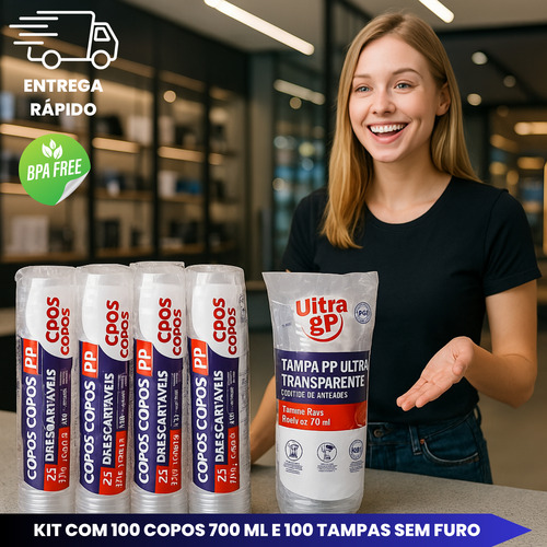 Copos Descartáveis Ultra 770ml Com 100 Tampas E 100 Copos Transparente