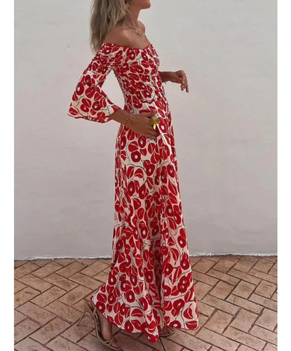 Elegante Vestido Largo De Fibra De Viscosa Con Estampado Flo