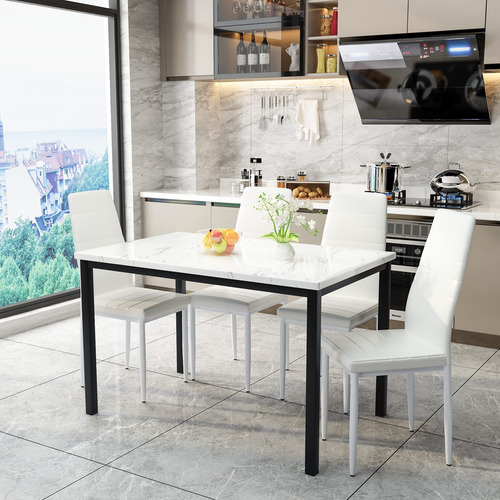 Juego De Mesa De Comedor 5 Piezas Con Mesa Mármol Sintético