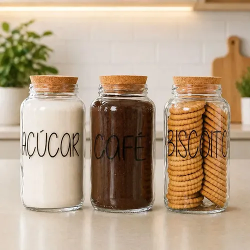 KIT 3 POTES DE VIDRO 810ML - TAMPA DE ROLHA CANTINHO DO CAFÉ COR CAFÉ AÇÚCAR BISCOITO