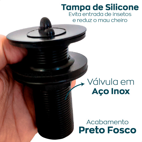Sifão PVC Válvula click 3cm Preto Sanfonado Universal Valvula 7/8 Tampa Silicone Kit Banheiro Preto Fosco Lavatório com Sifão ABS Sanfonado Flexível Dona D.cor