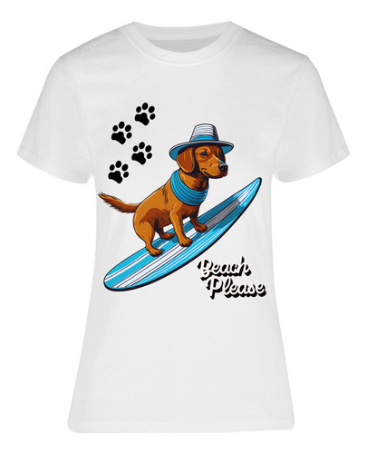 Playera Mujer Playa Por Favor - Perrito Surfeando - Verano