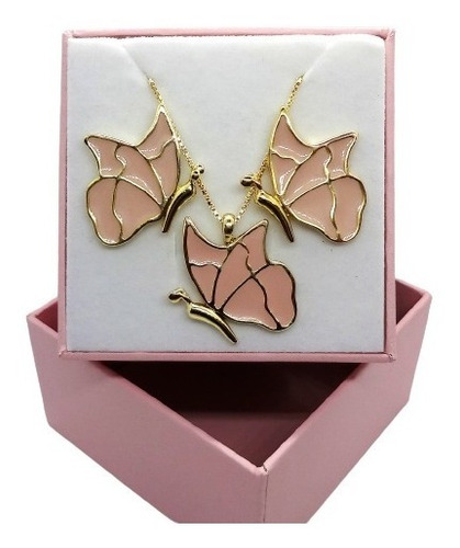 Imagem 1 de 5 de Conjunto Borboletas Rosa Banhado A Ouro 18 K Pinkcat
