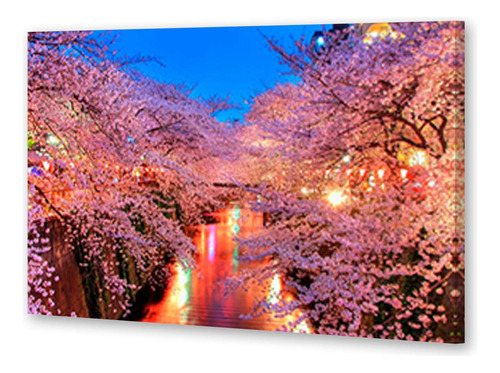 Cuadro 20x30cm Paisaje Japon Hanami Canal Ciudad Puente