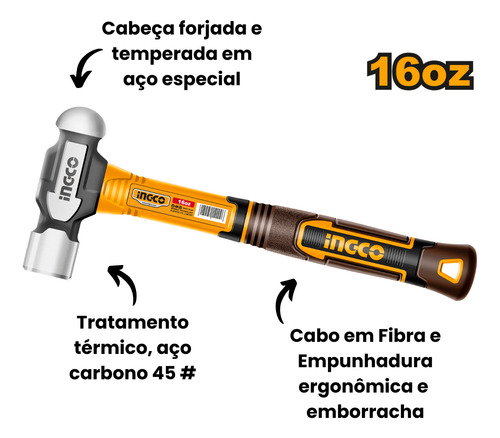 Martelo Bola Ingco Cabo De Fibra E Emborrachado 450g 16oz