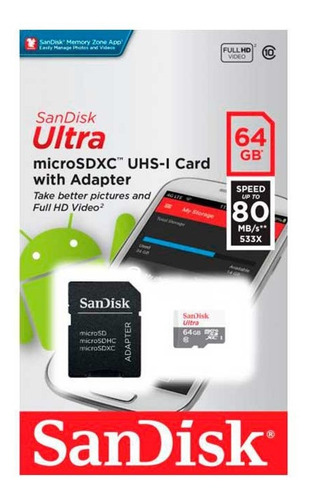 Tarjeta Micro Sd Hc Sd Sandisk Clase 10 64gb Con Adaptador