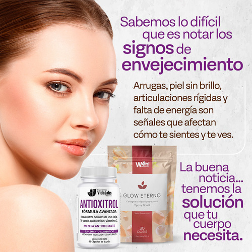 Pack Glow Eterno + Antioxitrol Nutrientes Vidalabs México: Colágeno Hidrolizado Y Trans Resveratrol Sin Sabor