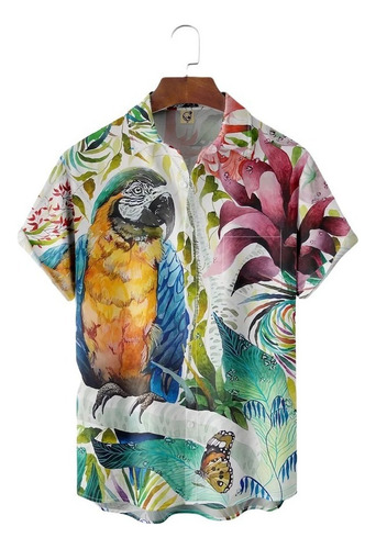 Camisa Hawaiana Unisex Parrots Flowers, Camisa Playa Para