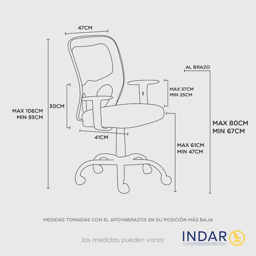 Imagen 3 de 10 de Silla Ecritorio Indar India Brazos Regulables Basculante