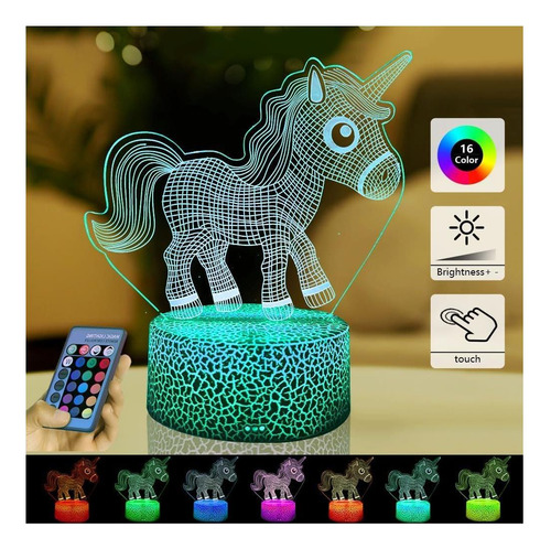 Luz Nocturna Led 3d De Unicornio Control Remoto Y Táctil, De