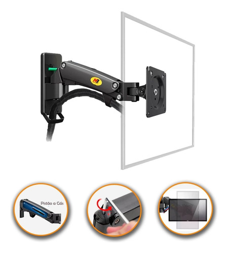Suporte Articulado Kit C/2 Monitor Tv Pistão A Gás Até 7kgs Cor Preto
