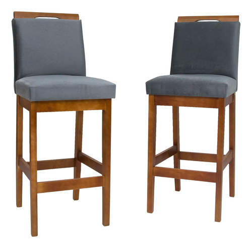 Conjunto 2 Banquetas Altas De Veludo Kit Cinza Estofada Acabamento Da Estrutura Verniz Cor Cinza-escuro