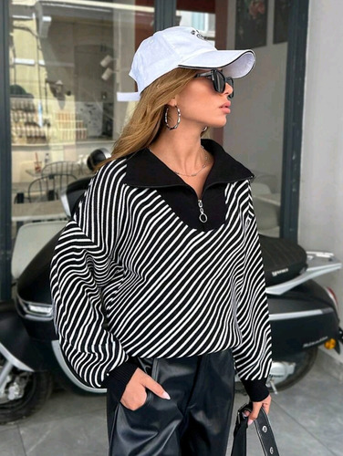 Sweater Abrigo Rayado Importado Con Cuello Tejido Cierre