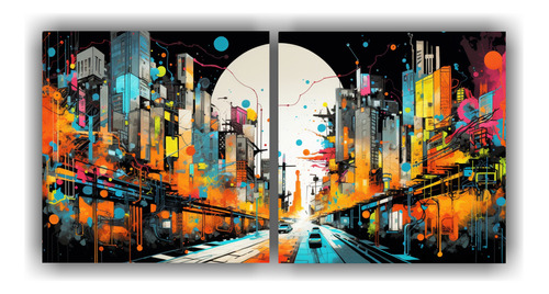 40x20cm Set 2 Pinturas De Ciudad Energética En Pop Art