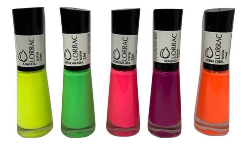 Esmalte de uñas cor Lorrac Kit Manicure 5 Esmaltes Neon Lorrac 7,5ml Profissional de 7.5mL de 5 unidades color Rosa, Roxo, Laranja, Verde e Amarelo