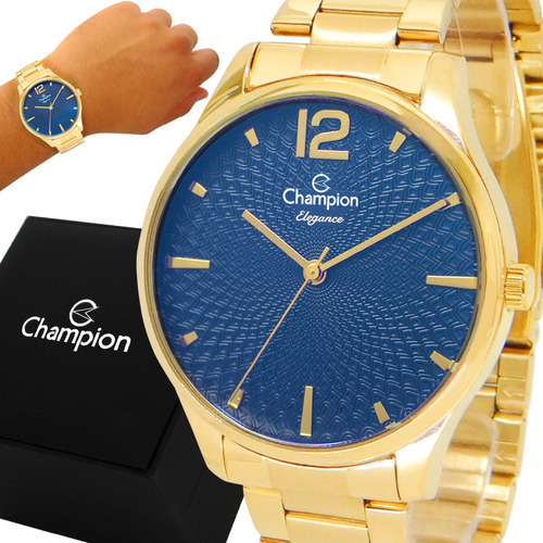 Relógio Champion Masculino Dourado Prova D'agua Original Cor Do Fundo Azul