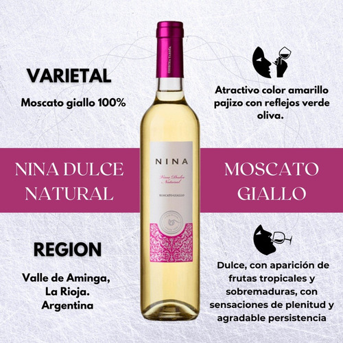 Imagen 2 de 10 de Vino Nina Dulce Natural Moscato Giallo 500ml. San Huberto