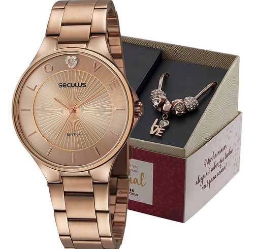Relógio Seculus Feminino Com Linda Pulseira Love de berloques Rosê 77121lpskrs2k1