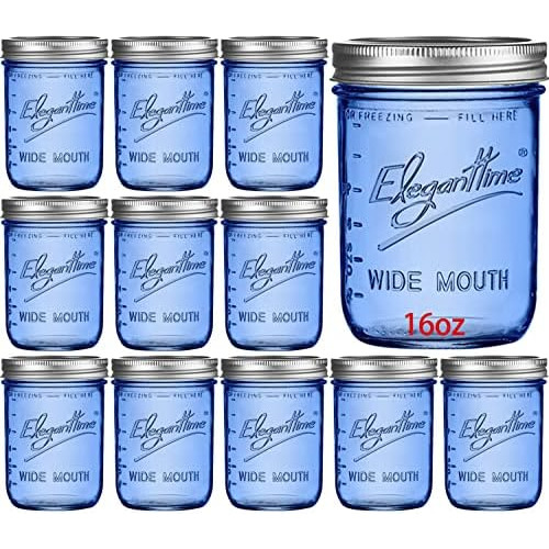 16 Oz Blue Mason Jars With Lids,12 Pack Wide Mouth Cann...