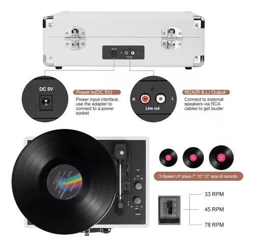  Tocadiscos de vinilo con altavoces, tocadiscos vintage para  discos de vinilo, tocadiscos accionados por correa, soporte de reproducción  Bluetooth de 3 velocidades, auriculares AUX RCA Line LP reproductores de vinilo  para