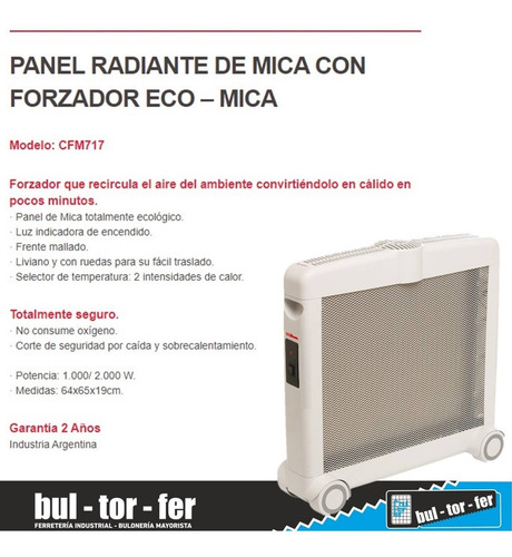 Imagen 3 de 5 de Calefactor Panel Radiante De Mica C/ Forzador Liliana 2000w