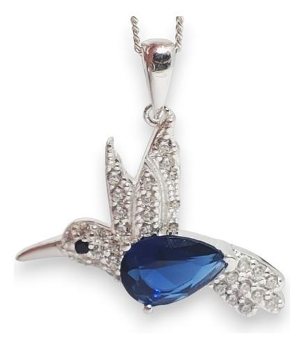 Cadena Plata + Dije Plata Colibri Con Cubic Y Cristal Azul