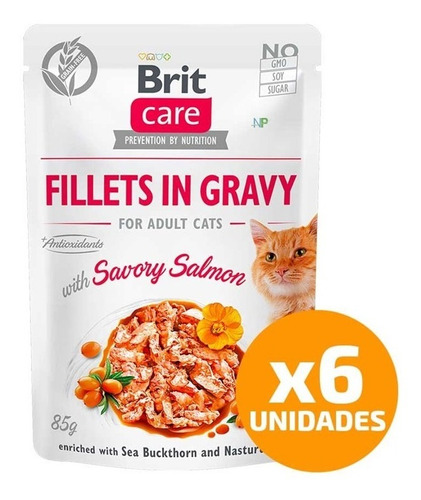 6 X Alimento Gato Brit Care Fillet Gravy Pouch Salmón 85g Np
