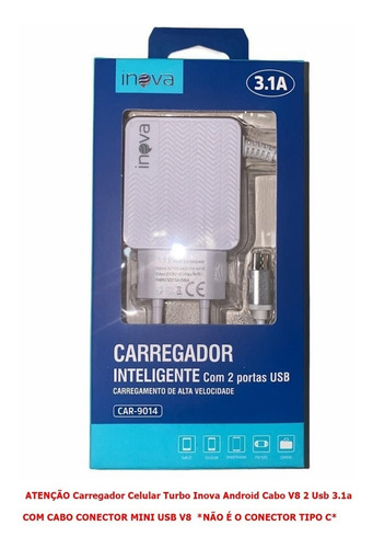 Carregador Android Turbo Inova Cabo Tipo C 3.1a 2 Usb