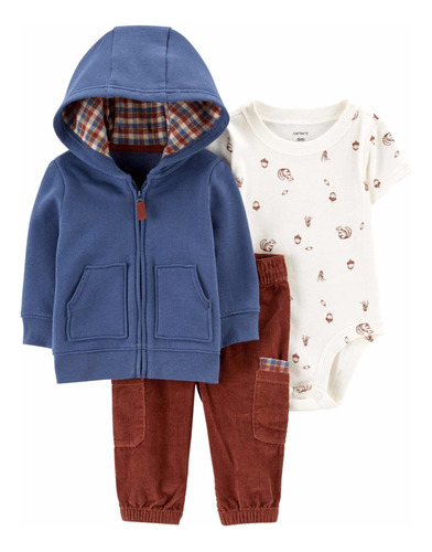 Carters. Conjunto Pantalon Pana, Body Y Campera Felpa.