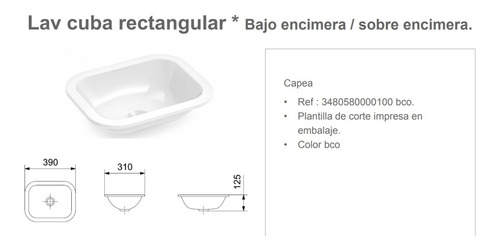 Imagen 2 de 5 de Bacha Rectangular Roca Cuba 39x31 Bajo Sobre Encimera